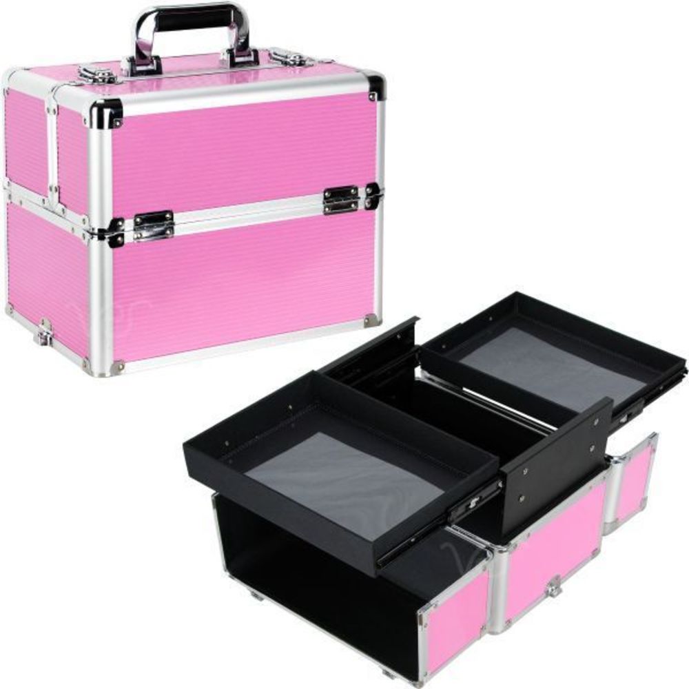 Pink Aluminum Cosmetics Case Professional Makeup Train with 2 Slide Drawers